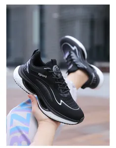Detail of lightweight black breathable running shoe with sport logo and thick cushioned sole