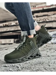 On-foot view of olive green safety shoes with honeycomb TPU and shock-absorbing soles