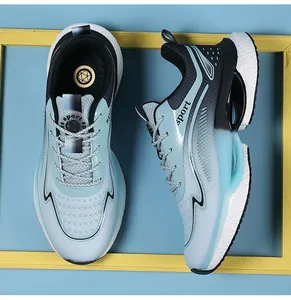 Top and side view of blue gradient mesh running shoes with cushioned thick soles