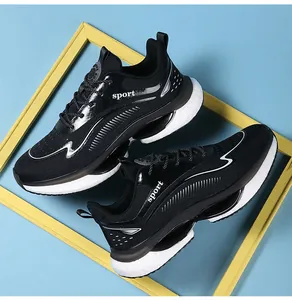 Detailed macro view of black mesh sneaker with sport logo on a yellow display stand