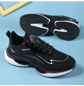 Macro shot of breathable black mesh upper and cushioned sole on sports running shoes