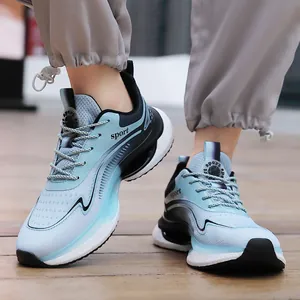 Light blue and black breathable mesh running shoes with thick cushioned soles for men and women