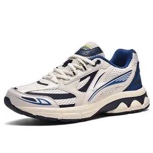 Men's retro mesh running shoes in beige and blue with breathable fashion design