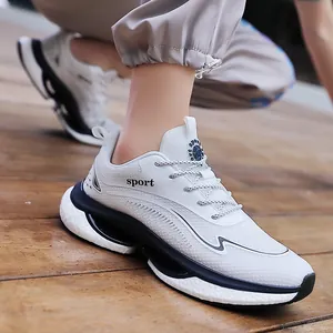 Breathable white mesh sports sneakers with cushioned sole and sport logo for outdoor running