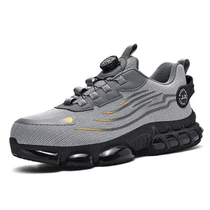 Lightweight grey safety shoes with steel toe cap and breathable mesh upper for protection
