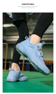 Detalle de zapatillas de bádminton azules con doble cierre rotativo y malla transpirable