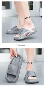 Detail of blue EVA slide sandal featuring non-slip texture and FASHION LIFE printing