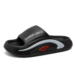 Men's EVA thick sole slippers in black with Fashion Life print for summer beach wear