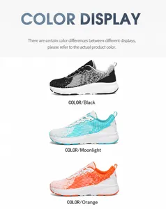 Ademende mesh hardloopschoenen getoond in de kleuren zwart, maanblauw en oranje tint