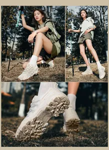Drei-Panel-Ansicht beiger Outdoor-Wanderschuhe mit Grip-Detail im Waldgelände