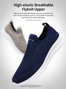 Close-up of lightweight breathable fly-knit mesh slip-on sneakers with anti-slip soles