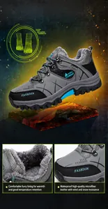 Detalle de bota de montaña impermeable con forro de piel sintética gris para el invierno