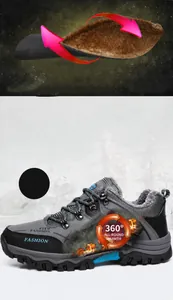 Detalle de botas de senderismo de invierno con forro de felpa gris y suela de goma antideslizante