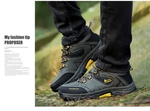 Detailed close-up of men's gray outdoor hiking shoes with anti-slip rubber soles