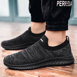 Lightweight breathable slip-on knitted walking shoes with black cushioned sole for unisex