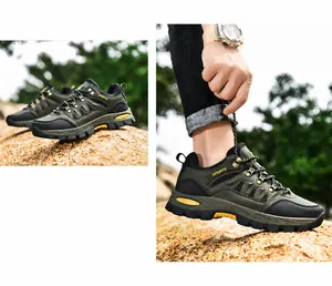 Makroansicht der militärgrünen Wanderschuhe mit rutschfester Gummisohle und Obermaterial
