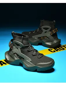 Detailed view of high-top knit sneakers in dark green with futuristic chunky soles