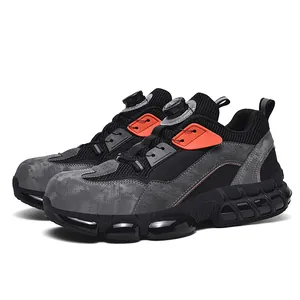 Deep grey and orange athletic safety shoes with steel toe and knob lacing system