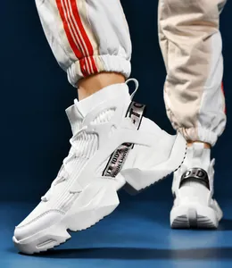 Detail of high-top sock sneakers featuring knit mesh and structured support panels