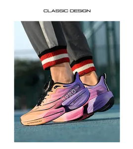 Detail of gradient athletic running shoes with breathable mesh and thick cushioned soles