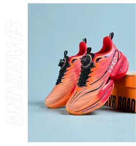 Detail of breathable mesh running shoes with rotary knob closure and thick cushioned sole