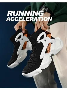 Detail showing high-top knit running shoes with white structural support and orange heel strap