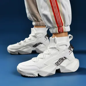 White high-top sock sneakers with breathable knit upper and thick anti-slip outsole