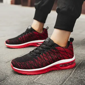Scarpe da corsa traspiranti uomo in maglia fly-knit rosso-nero con ammortizzazione ad aria