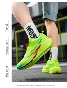 Dynamic low angle view of neon green breathable mesh running shoes in an urban setting