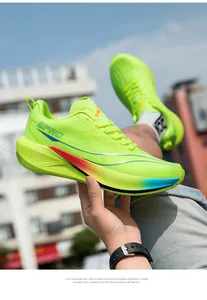 Detail view of fluorescent green mesh running shoe with breathable upper and 9PRO logo