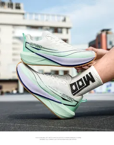 Macro shot of breathable mesh surface and 9PRO logo on white marathon running shoes