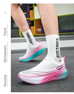 Detail of breathable mesh running shoes with pink and cyan gradient design and 9PRO logo