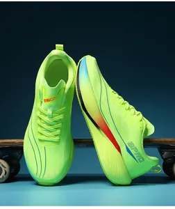 Detailed side view of fluorescent marathon running shoes with breathable mesh and 9PRO logo