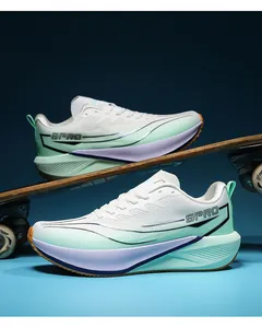 Detail view of breathable white mesh running shoe with mint green gradient and thick cushioning
