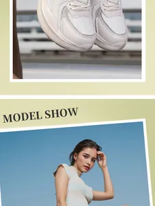 Modieuze beige chunky sneakers aan model met mesh en lederen patchwork details