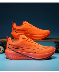 Close-up of vibrant orange breathable mesh running shoes with thick cushioning foam sole