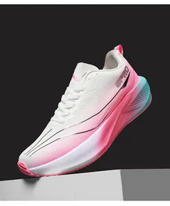 Close-up of breathable mesh running shoes featuring a white to pink gradient and 9PRO logo