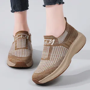 Women's brown breathable mesh knit slip-on sneakers with thick cushioned EVA sole