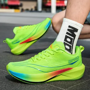 Neon green breathable mesh running shoes with 9PRO design and gradient soles for men