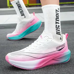 Men and women breathable mesh running shoes with pink and blue gradient design