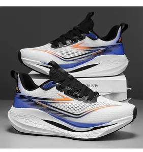 Detail of breathable white mesh running shoes with dynamic blue and orange retro stripes