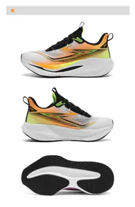 Three-way view of retro marathon running shoes with breathable mesh and gradient sole