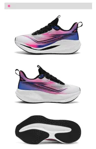 Detail of breathable mesh upper with gradient colors and thick cushioned sole for running