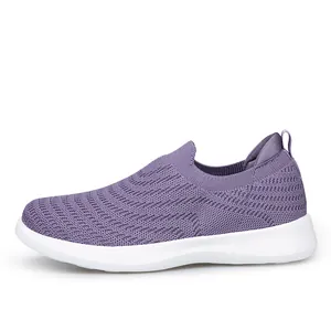 Breathable purple knitted slip-on walking shoes with white cushioned sole for seniors