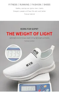 Detail view of white slip-on sneaker on scale showing ultra-lightweight 133.9g design