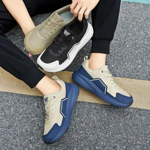 Wide-toe box cushioned sneakers for men in beige, black, and khaki outdoor settings