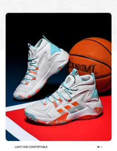 Détail de chaussure de basket montante avec tige en mesh et semelle en caoutchouc orange
