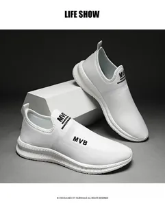 Macro shot of breathable white mesh fabric and MVB lettering on men's slip-on sneakers