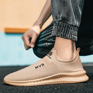 Men's breathable mesh slip-on sneakers in khaki, lightweight outdoor summer shoes