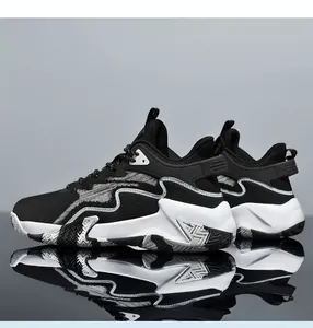 Rear view of black high-top basketball shoes featuring wave details and anti-slip rubber sole